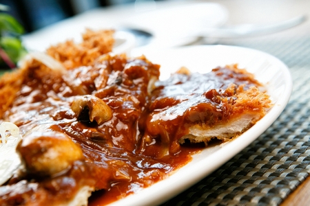 Tonkatsu, japanese dish of fried pork cutlets sprinkled with sauce, close-upの写真素材