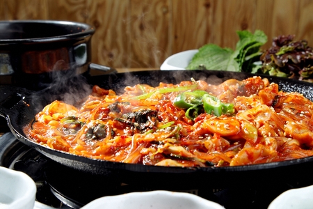 Gopchang bokkeum, grilled marinated tripes stir-fried with vegetables in spicy sauceの写真素材