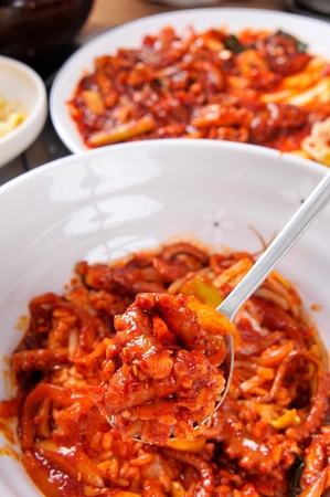 Spoon scooping up spicy stir-fried small octopus and rice from white plateの写真素材