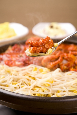 Spoon scooping up spicy stir-fried small octopus and vegetables with bean sprouts, from round plateの写真素材