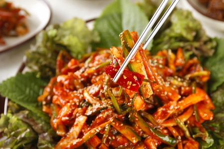 Chopsticks picking up squid, cucumber, carrot, pepper mixed in red chili pepper paste with vinegarの写真素材