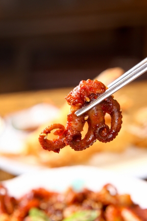 Chopsticks picking up spicy stir-fried webfoot octopus and vegetables on white plateの写真素材