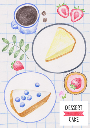 Colored pencil food drawing. Coffee and cakes.の写真素材