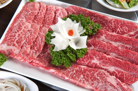 Beef sirloin, beef sirloin (end), beef chuck flap tail on rectangular plate, close-upの写真素材