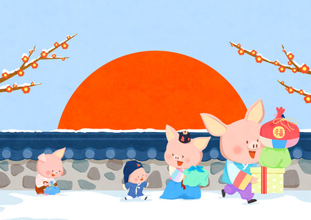2019 Korean Happy New Year of the pig. Element of design greeting card, poster, postcard and invitation with pig 2019.の写真素材