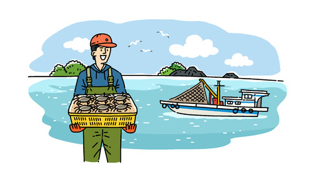 Hand drawing cartoon of farmer and fisherman with their agricultural and marine products vector illustration.の写真素材