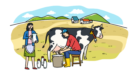 Hand drawing cartoon of farmer and fisherman with their agricultural and marine products vector illustration.の写真素材