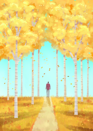 Beautiful autumn forest landscape in watercolor painting style illustrationの写真素材