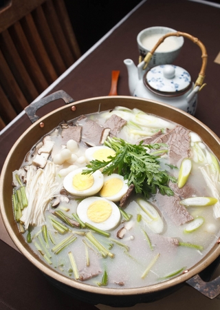 Beef hot pot with seasoned green onions, meat and boiled egg, in bowlの写真素材