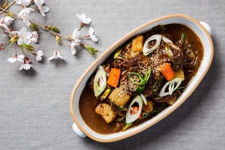Braised beef short ribs with carrots and seasoned green onions, in bowlの写真素材