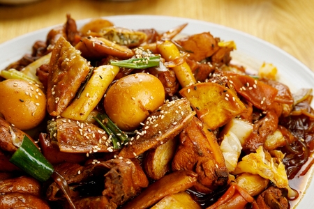 Soy marinated spicy chicken with onions, welsh onions, potatoes, boiled eggs in white bowlの写真素材