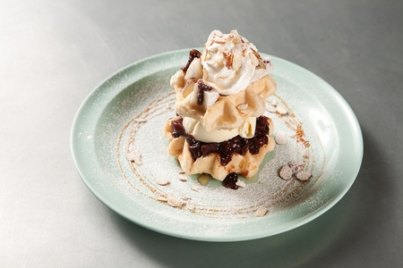 Ice cream waffle with whipping cream and sprinkled sugar powder, in bowlの写真素材