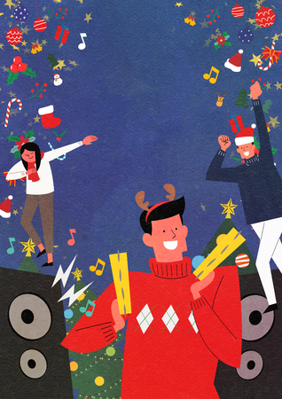 Christmas Party with Santa and family flat design vector illustrationの写真素材