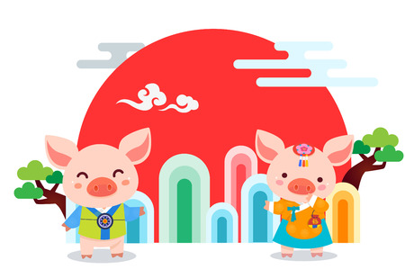 2019, year of the pig with cute cartoon pig banner, greeting card template vector illustrationのイラスト素材