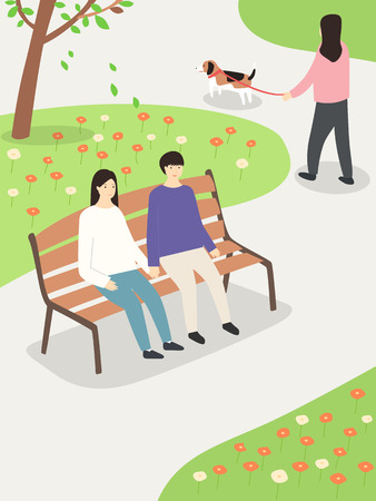 Couple sitting on a park bench.のイラスト素材