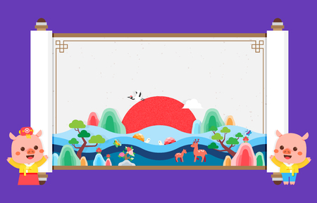 2019 New Year banner, greeting card design template. Year of the pig vector illustration.のイラスト素材
