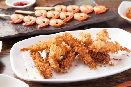 Fried Shrimp and Shrimp Kebab served on plateの写真素材