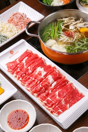 Shabu-shabu setting, beef, vegetable hotpot and nooodlesの写真素材