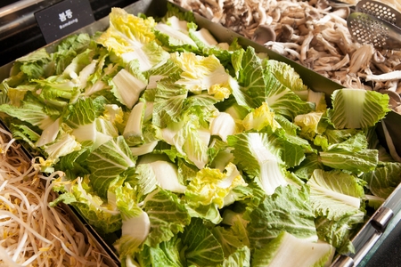 Shabu-shabu ingredient, cabbage in rectagular aluminum containerの写真素材