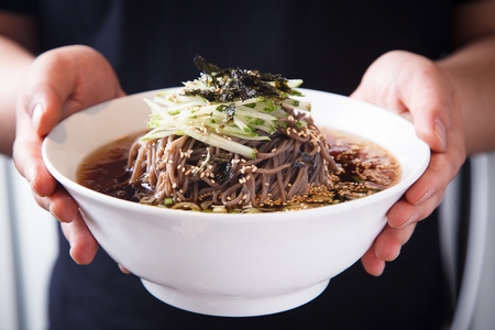 cold soba noodles with cucumber and dried seaweed