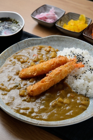 curry with fried shirmp and riceの写真素材