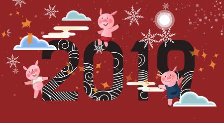 Vector illustration of New year 2019. Calendar of 2019 with Pig illustration.の写真素材