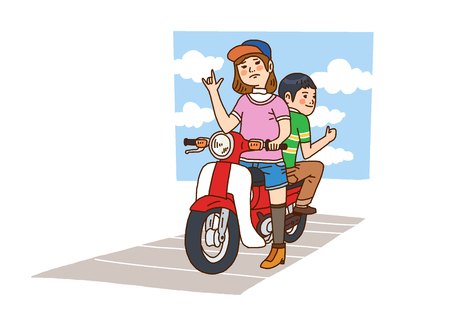 Vector illustration of Funny vector cartoon colorful boy and girl, retro style illustration.の写真素材