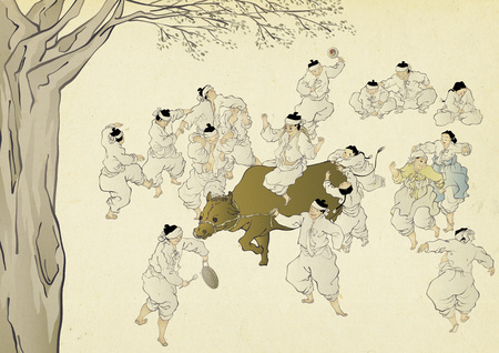 Korean traditional painting collection, genre painting portrays the daily life of Korean people.の写真素材