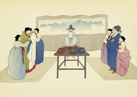 Korean traditional painting collection, genre painting portrays the daily life of Korean people.の写真素材