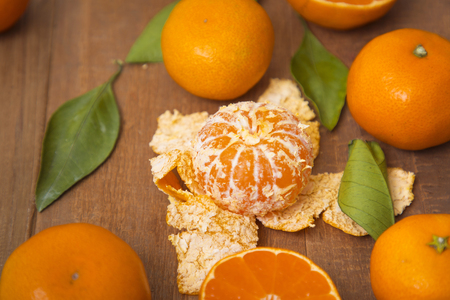 Collections of fresh Tangerines. tangerine slices with leaves. Fruit composition.の写真素材