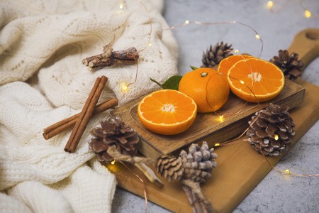 Collections of fresh Tangerines. Tangerine slices with leaves. Fruit composition.の写真素材