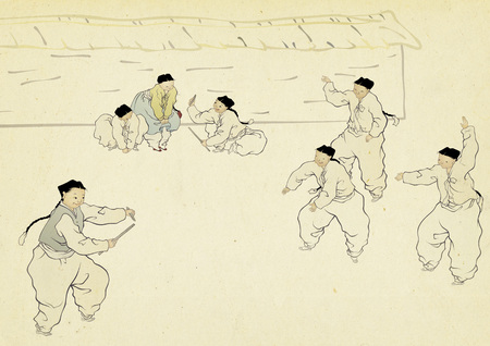 Korean traditional painting collection, genre painting portrays the daily life of Korean people.の写真素材