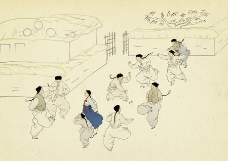 Korean traditional painting collection, genre painting portrays the daily life of Korean people.の写真素材