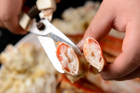 cutting steamed huge king crab legs with handsの写真素材