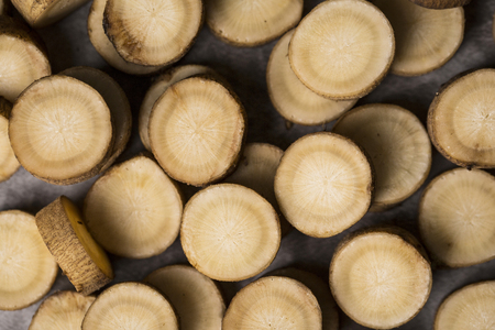 Close up of winter food ingredients Isolated on white background - salsify, oyster, mussel, shrimp and clamの写真素材