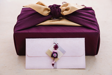 Korean traditional wrapping cloth, refreshments and greeting cardの写真素材