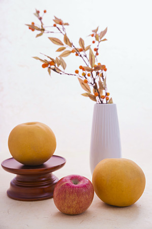 Korean traditional wrapping cloth, refreshments and greeting cardの写真素材