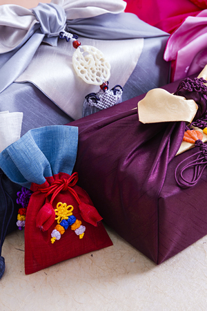 Korean traditional wrapping cloth, refreshments and greeting cardの写真素材