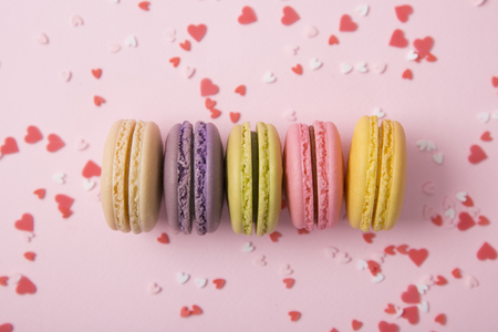Sweet love, Valentine's day. Heart shaped candy, chocolate, macaroons and rose.の写真素材
