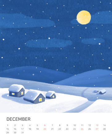 Hand drawn year calendar design. Four seasons painting of beautiful natural landscape vector illustrationの写真素材