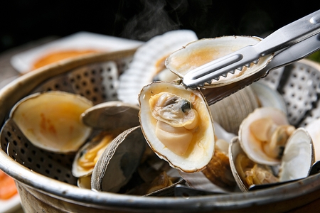 steamed clam from steamer on tongsの写真素材