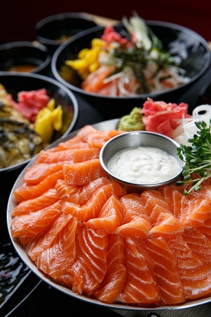 salmon sashimi and tartar sauceの写真素材