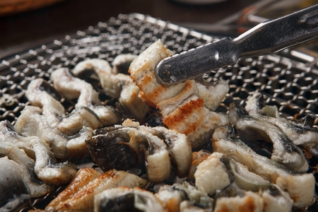 tongs holding grilled eel from grillの写真素材