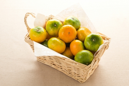 mandarin fruits in woven basket with paper towelの写真素材