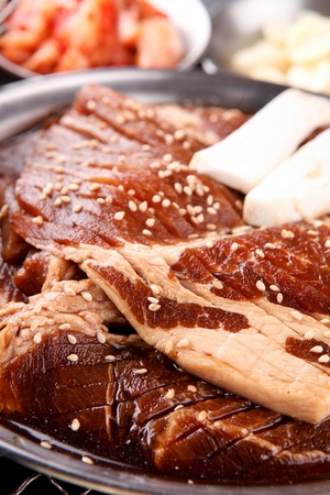 Raw marinated pork spareribs on stainless plateの写真素材