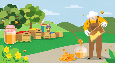 illustration of farmer and fisherman, Spring agricultural products 002の写真素材