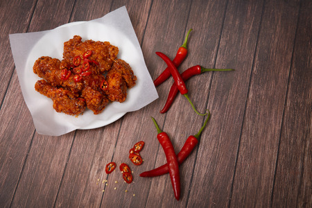 Korean style chicken and beer, delicious fried or spicy sauce chicken with cool beerの写真素材