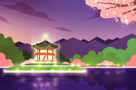 Night scene of traditional palaces in Seoul, Korea illustrationの写真素材