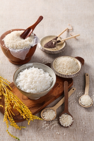 rice in rice bowl, and rice on plateの写真素材