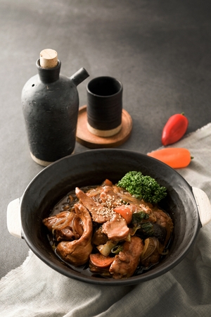 braised spicy chicken with glass noodles and vegetables, on round plate with handlesの写真素材